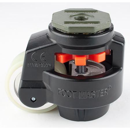 Foot Master Leveling Caster, 75 mm Polyurethane Wheel, M16x2.0P Stem, Swivel, 800 kg Cap, NBR Foot Pad, Black GD-100-S-HUP-FBL